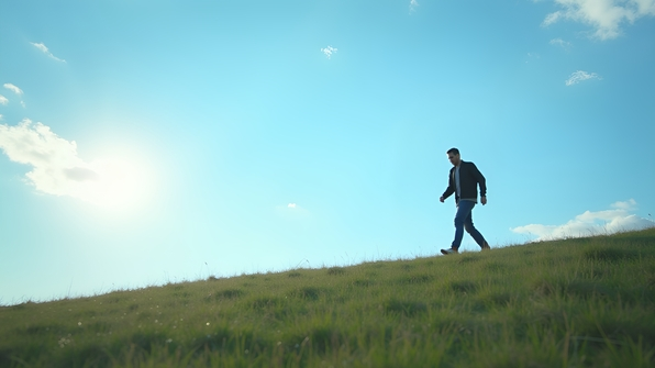 A man walking uphill on a grassy slope under a bright blue sky with scattered white clouds