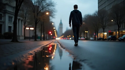 Man Walking On Wet Urban Road