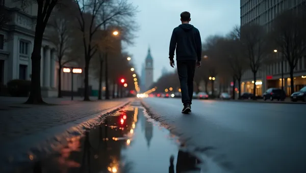 Man Walking On Wet Urban Road
