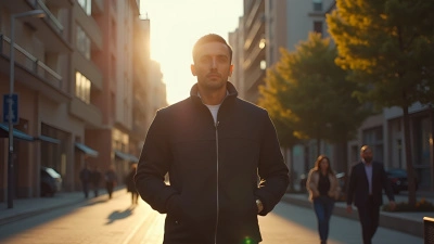 Man Wearing Black Jacket On Sunny Urban Sidewalk