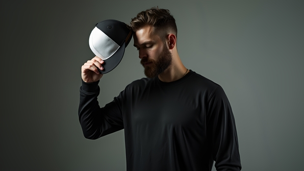A man wearing a black long-sleeve shirt holding a black and white cap in a casual pose