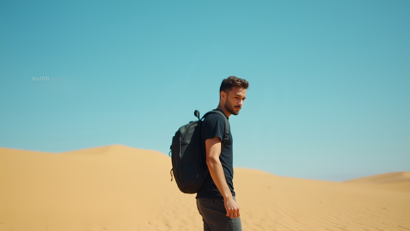 A man wearing a black t-shirt and black backpack stands alone on golden sand under a clear blue sky