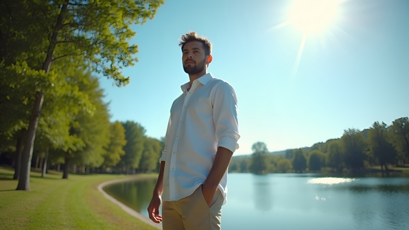 Man in White Shirt by Serene Lake