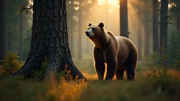 Massive brown bear standing upright beside a tall rugged tree in a dense sunlit forest clearing
