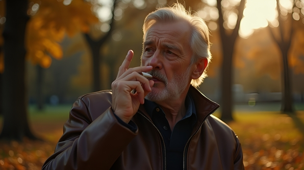 A mature man wearing a leather jacket smoking a cigarette outdoors in a city park during autumn with fallen leaves and soft sunlight