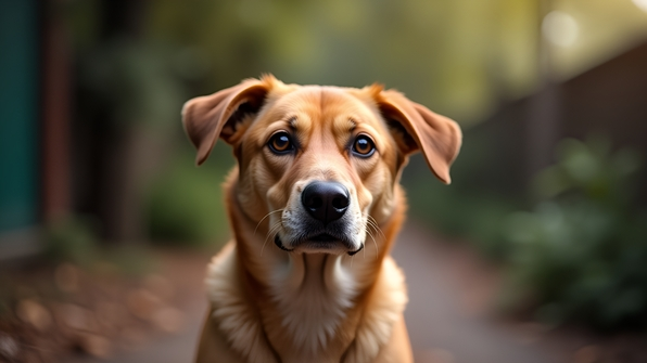 Portrait of a medium-coated tan dog sitting alertly with expressive eyes against a soft blurred outdoor background