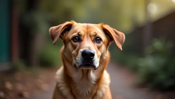 Medium-Coated Tan Dog Sitting Alertly Outdoors
