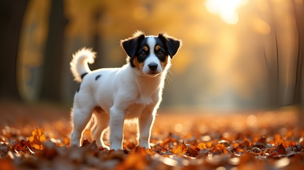 Medium-sized dog with black and white short coat standing on brown dried leaves in bright natural daylight