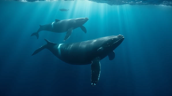 A pod of melon-headed whales swimming gracefully in clear blue ocean waters