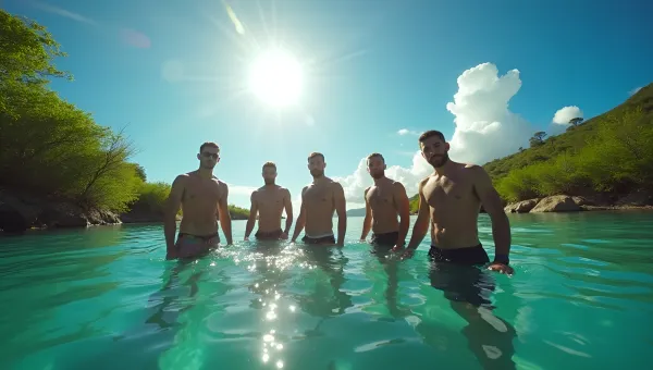 Men Standing Waist-Deep in Clear Water Outdoors