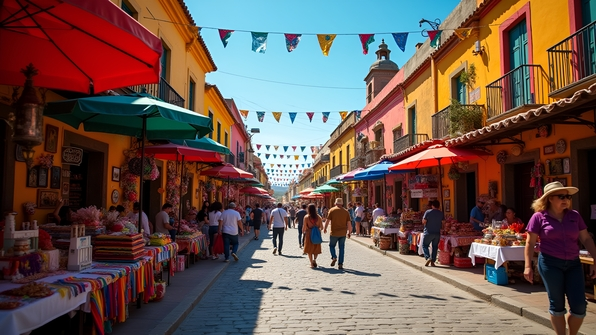 Vibrant Mexican street market with colorful textiles and traditional crafts under clear blue sky