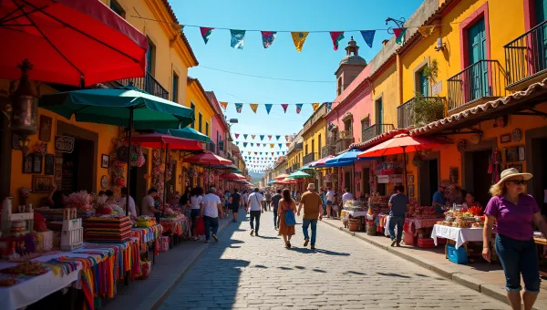 Mexican Street Market With Colorful Textiles And Crafts