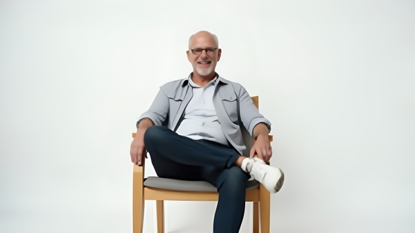 Middle-aged man sitting comfortably on a wooden chair against a white background smiling warmly