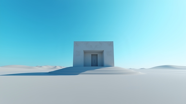 Minimalist gray concrete building standing on smooth gray sand under a clear vibrant blue daytime sky