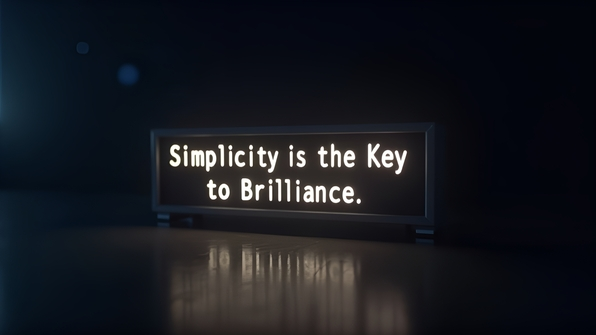 Minimalist LED sign displaying the phrase Simplicity is the Key to Brilliance with modern typography on a dark background
