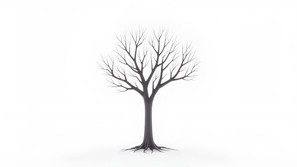Minimalist solitary bare tree illustration with intricate branches on a white background