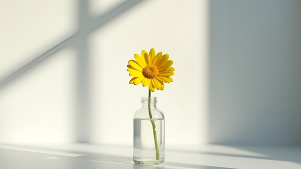 Minimalist yellow flower in a glass vase against a clean white background with soft natural lighting