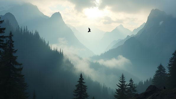 Mist-covered mountain landscape with dense fog weaving through pine trees and rocky peaks under soft daylight