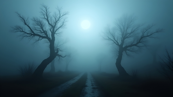 Mist-shrouded landscape with bare skeletal trees and twisted branches under thick gray fog