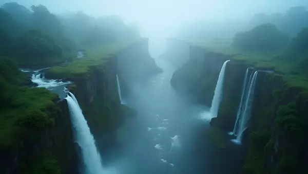 Mist-Shrouded Waterfalls Amid Lush Greenery