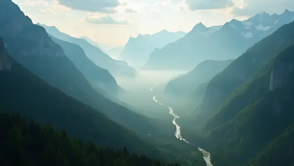 Misty Alpine Mountains With Dense Forest