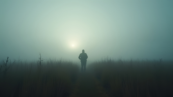 Misty Field Dawn With Solitary Figure
