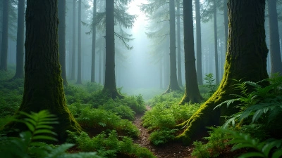Misty Forest With Tall Gray Trees And Green Moss