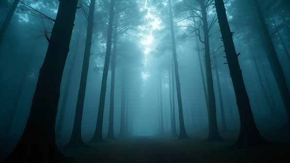 Dense misty forest with towering trees shrouded in thick fog