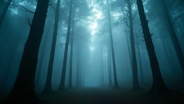 Misty Forest With Towering Trees in Fog