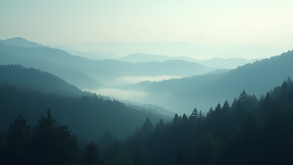 Misty hills gently rising behind a forest of tall trees shrouded in soft, low-hanging fog