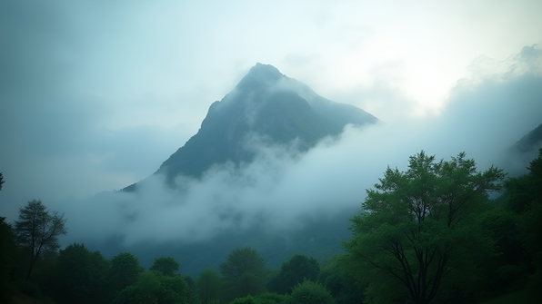 Misty mountain landscape with dense fog surrounded by lush green trees under a soft diffused light sky