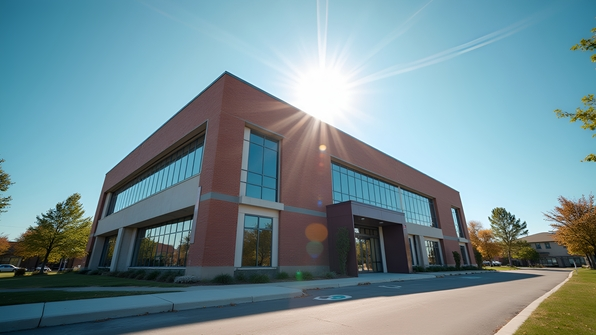 Modern brown and white concrete building with large windows under bright sunlight