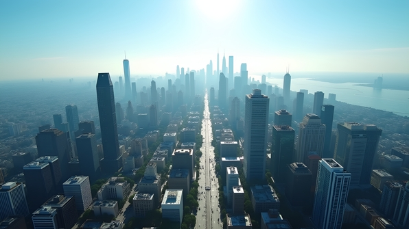 Aerial view of modern city skyline with diverse buildings under bright daylight