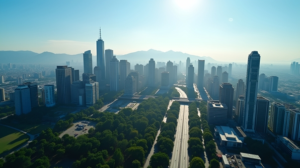 Aerial view of a modern city skyline with diverse skyscrapers and greenery under a clear blue sky