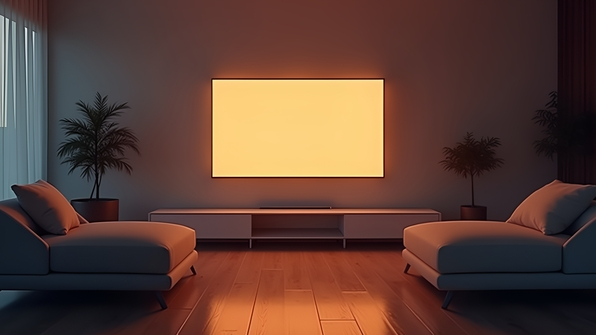 Modern flat screen TV glowing brightly in a minimalist living room