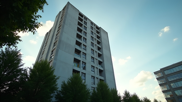 Low-angle shot of a modern gray concrete building against a clear blue sky