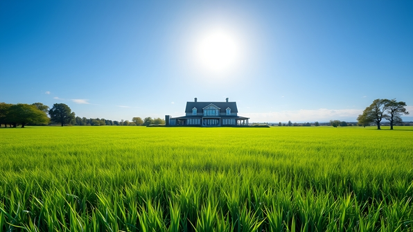 A modern gray house centered in a vast green field under a clear blue sky