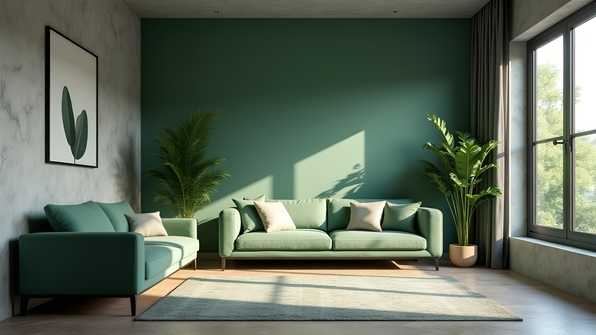 Modern green and gray living room with minimalist furniture and indoor plants