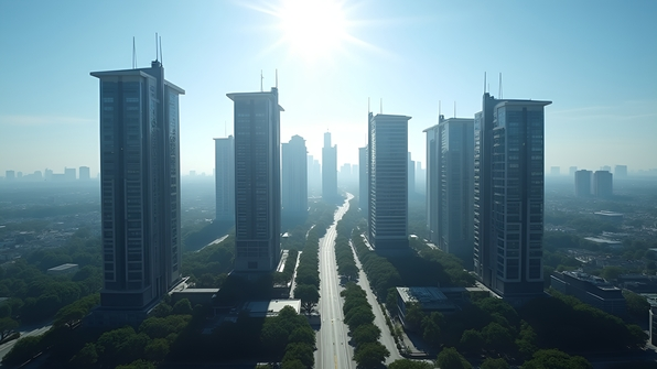 Modern grey concrete buildings with sharp architectural lines in an urban cityscape under bright daylight