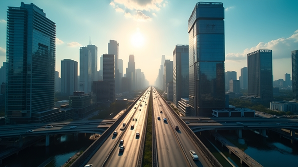 Aerial view of a modern skyway weaving through a bustling cityscape with towering skyscrapers under a clear blue sky