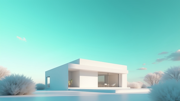 Modern white building with clean lines stands under a vibrant teal sky with minimalistic landscaping and soft natural light