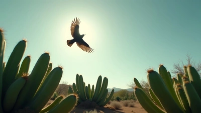Monochrome Bird Soaring Over Green Cactus