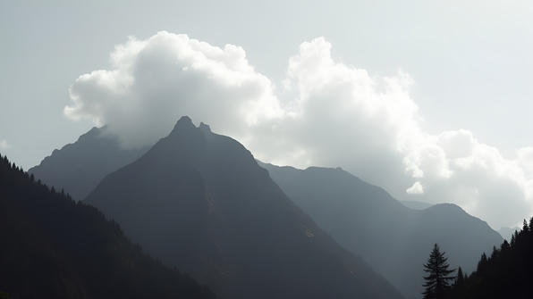 Monochrome mountain landscape featuring stark black peaks beneath soft white clouds against a pale sky