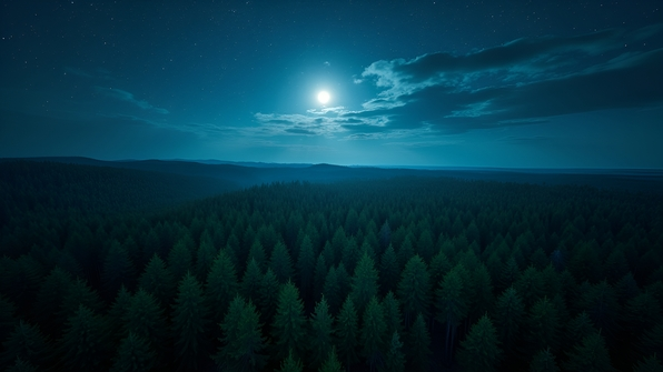 Aerial view of dense pine forest illuminated by moonlight under a starry night sky