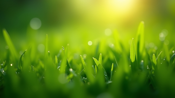 Close-up of morning dew droplets sparkling on green grass blades