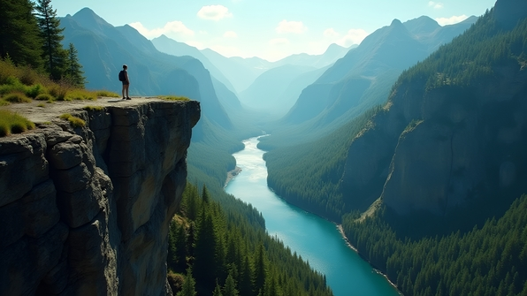 A person stands on a rugged mountain cliff overlooking a winding blue creek surrounded by lush green forests