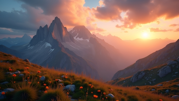 Mountain landscape at golden hour with vibrant sky and softly illuminated peaks
