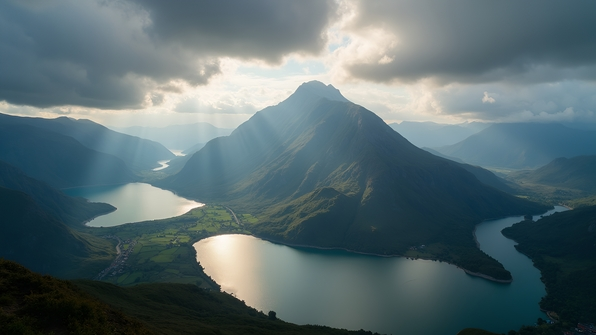 Scenic mountain landscape with calm water bodies under a dramatic cloudy sky
