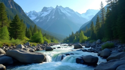 Mountain Landscape With Flowing River And Green Trees