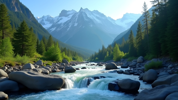 Scenic mountain landscape with a flowing river in the foreground and lush green trees under a clear blue sky